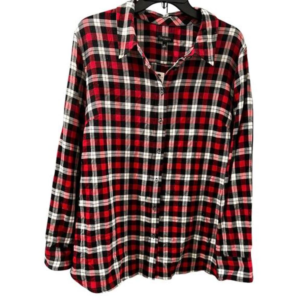 Talbots Woman’s Black Red Silver Plaid Button Up Top NWT Size XL